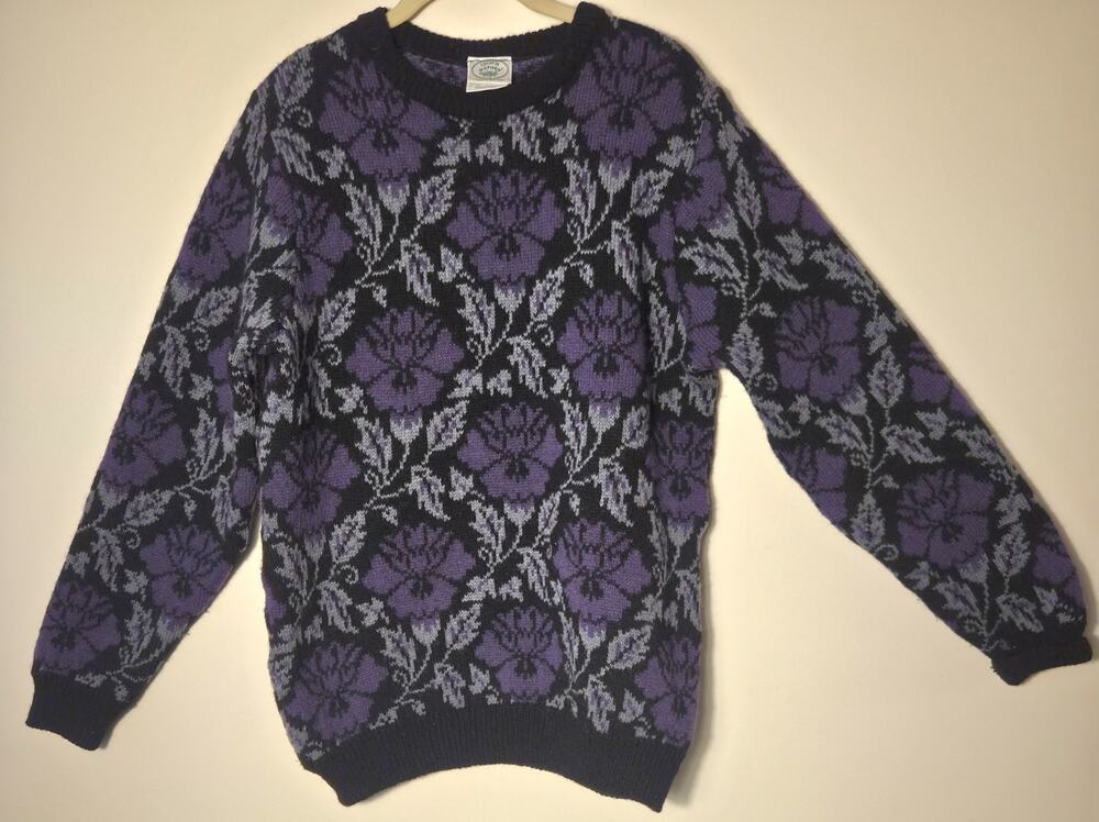 Laura Ashley Wool Sweater Floral Intarsia Black Purple Made In Scotland Size M